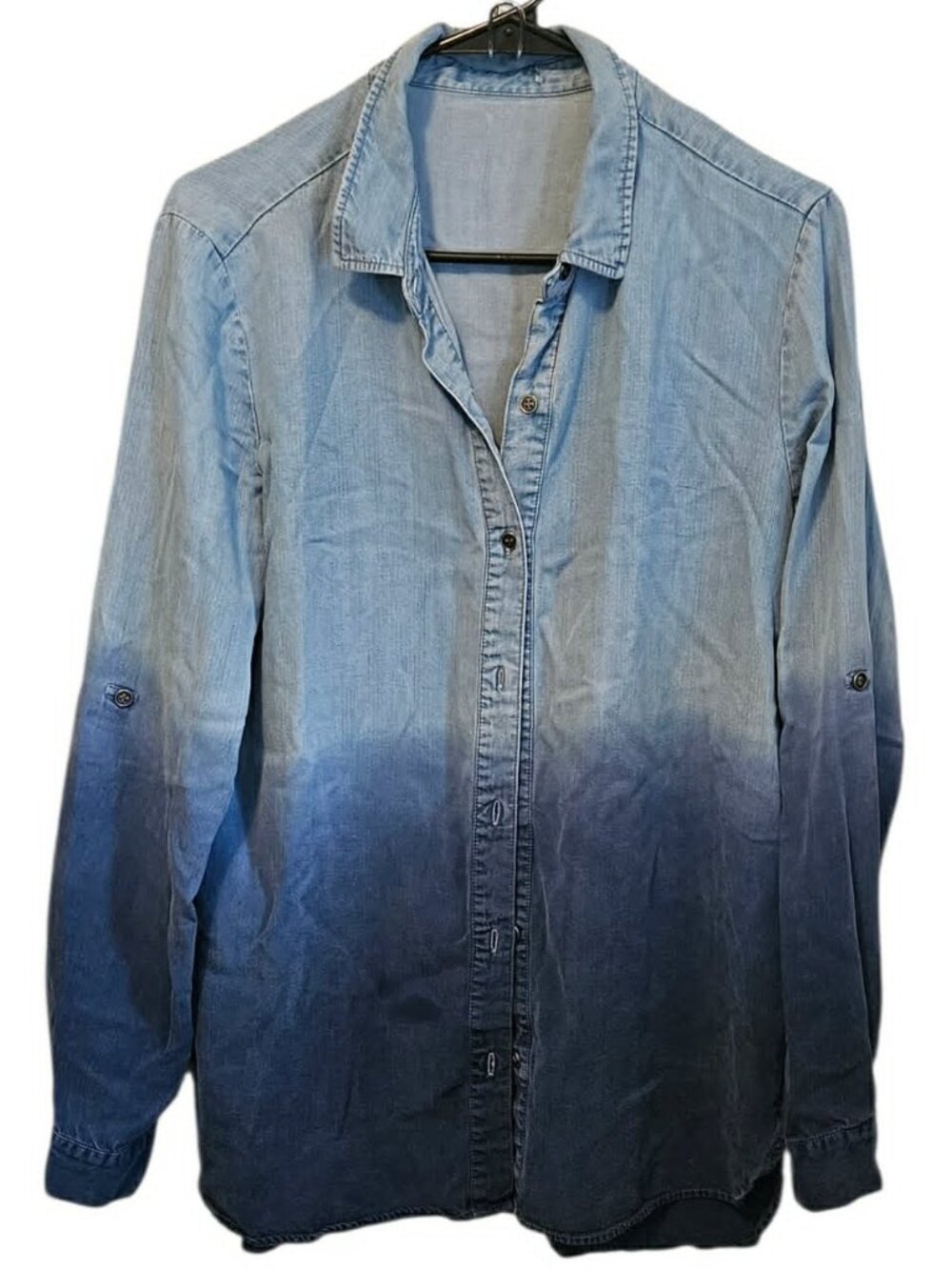 Women's Tencel Lyocell Button Down Denim Gradient Collared Long Sleeve Top